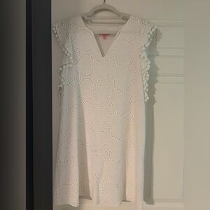 Lilly Pulitzer White Eyelet Dress with Pom Pom Sleeves